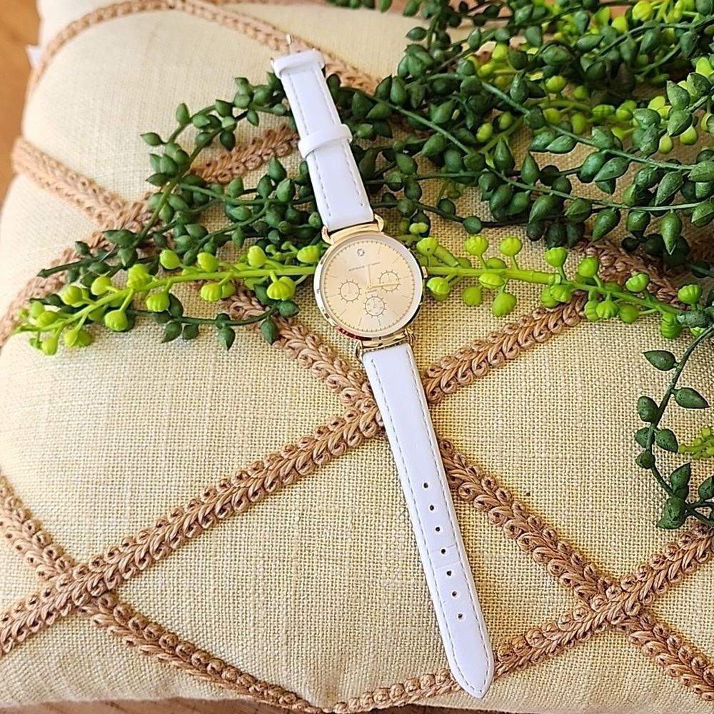 Adrienne Vittadini Women's Mock Chronograph and White Leather Strap Watch